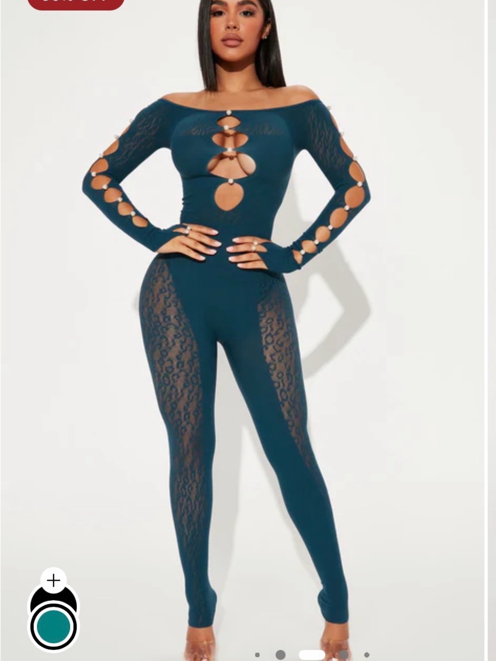 Fashion Nova Teal Lace-Inset Off-Shoulder Cutout Jumpsuit